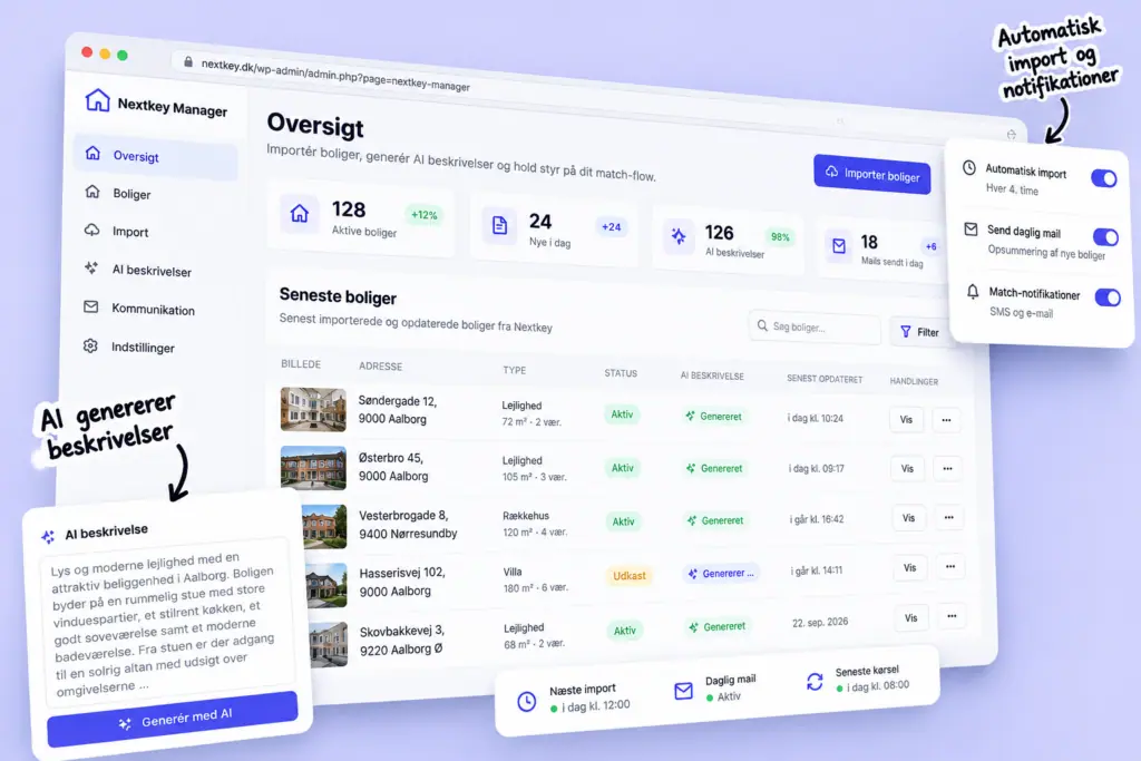 Skærmbillede af Nextkey Manager med boligoversigt, AI-genererede beskrivelser og automatisk import